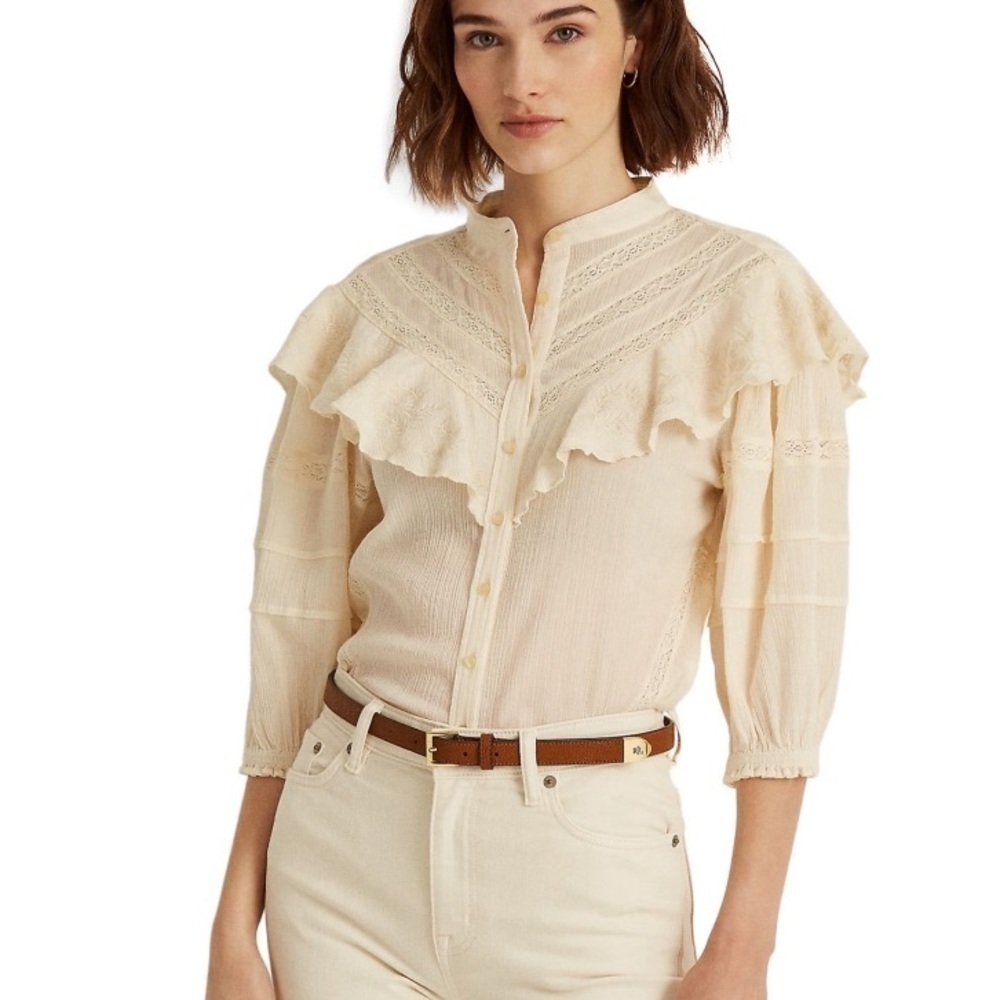 Ralph Lauren women Long ruffle Sleeve Blouse Winter Cream Stretchy xl cottage